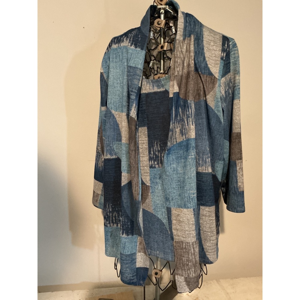 Alfred Dunner Womens Blue Geometric Patchwork 2 Piece Cardigan Shell Set Large